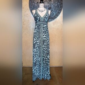 INC International Concepts Green, Black, and White Sleeveless V-Neck Maxi Dress
